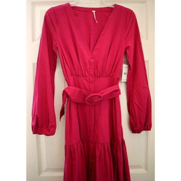 Free People OB1101164 Women's Sz XS Myrtle Magenta Kendra Belted Dress - Picture 7 of 12